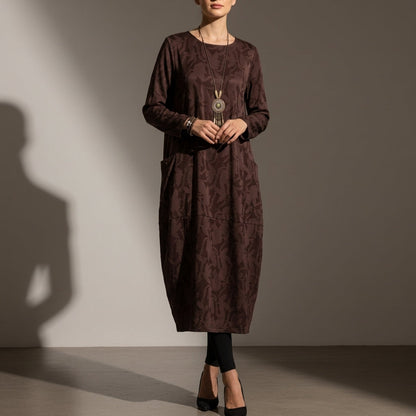 Women's Cotton Blend Long Sleeve Midi Dress With Pockets – Elara