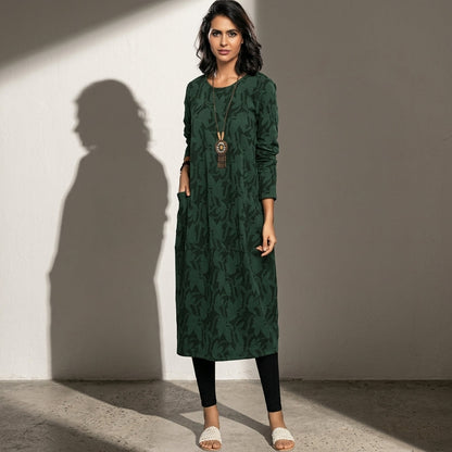 Women's Cotton Blend Long Sleeve Midi Dress With Pockets – Elara
