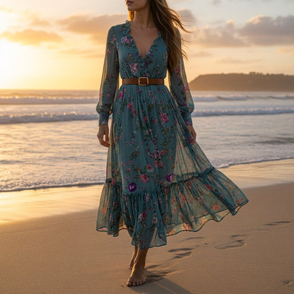 Women's Embroidered Maxi Dress Cotton Blend Bohemian Style – Alessia
