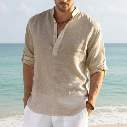 Linen Henley Shirt Rolled Sleeves Relaxed Fit – Marlowe