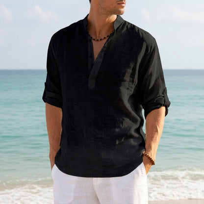 Linen Henley Shirt Rolled Sleeves Relaxed Fit – Marlowe