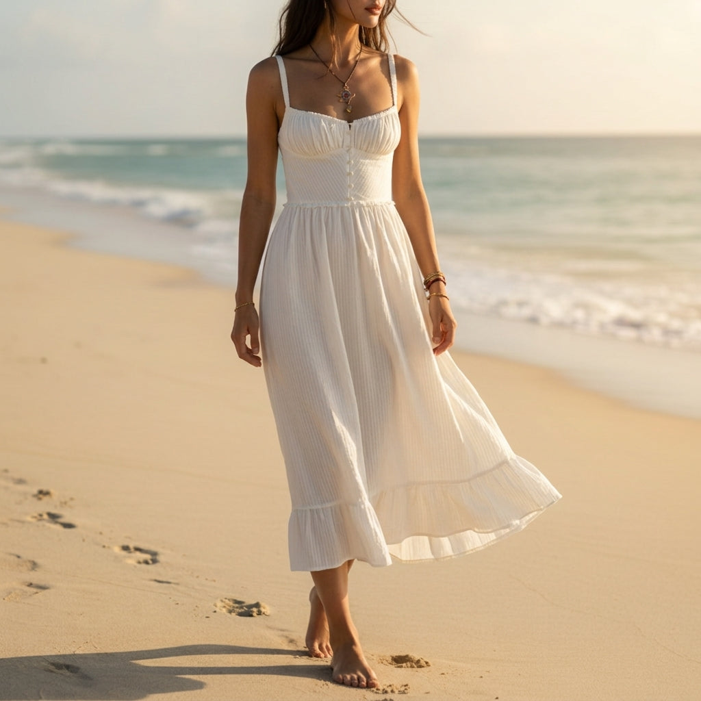 Women's Cotton Blend Ruffle Hem Midi Dress Elegant Silhouette – Elara