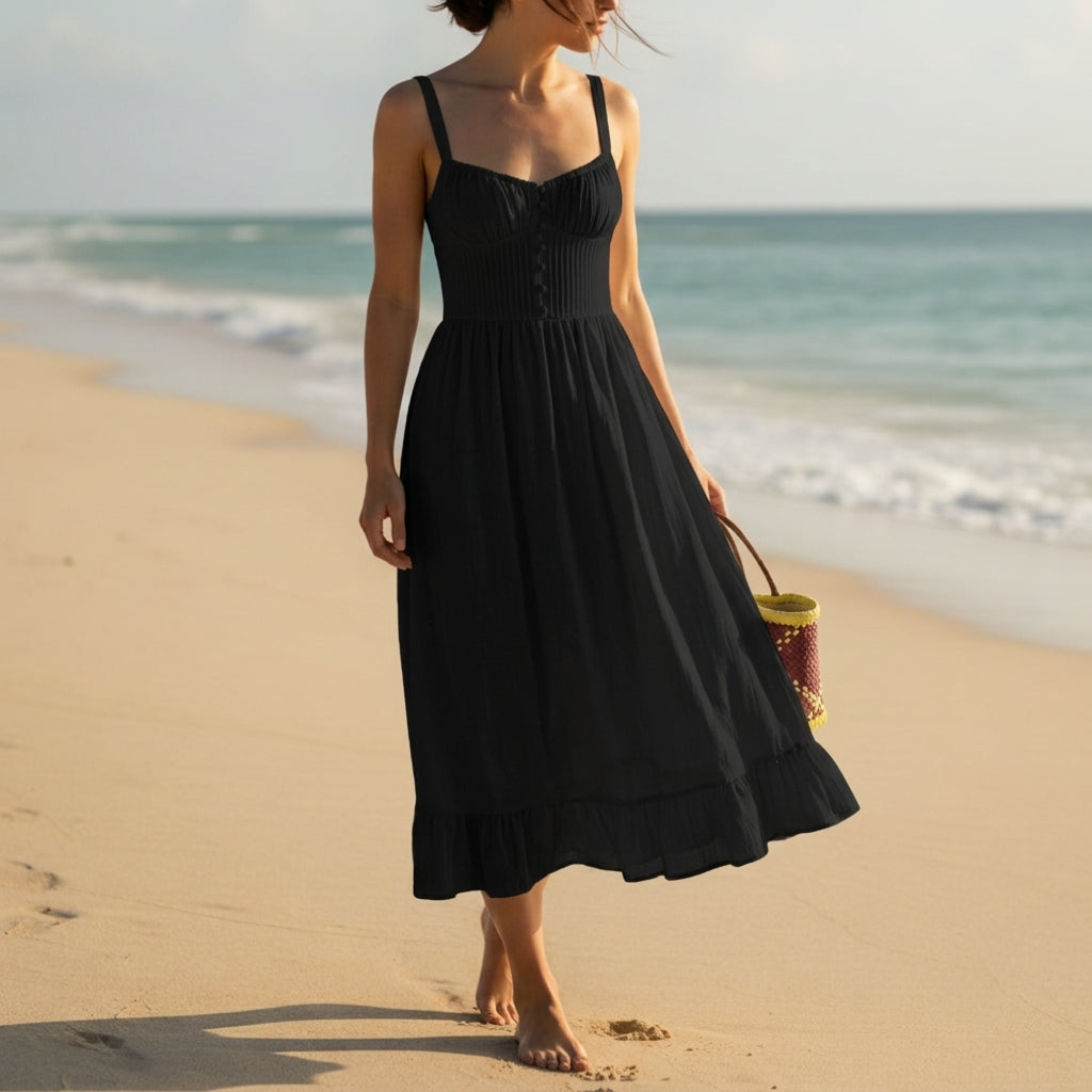 Women's Cotton Blend Ruffle Hem Midi Dress Elegant Silhouette – Elara