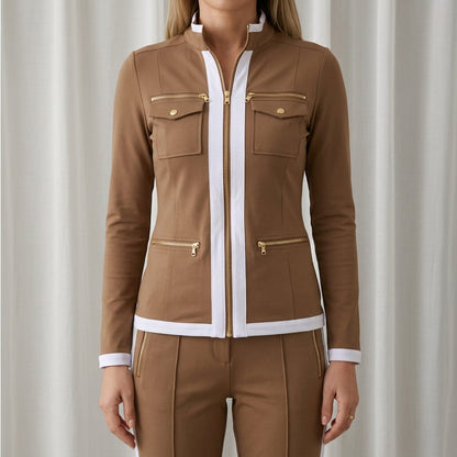 Women’s Cotton Blend Zip Jacket and Pant Set with Contrast Trim – Elara