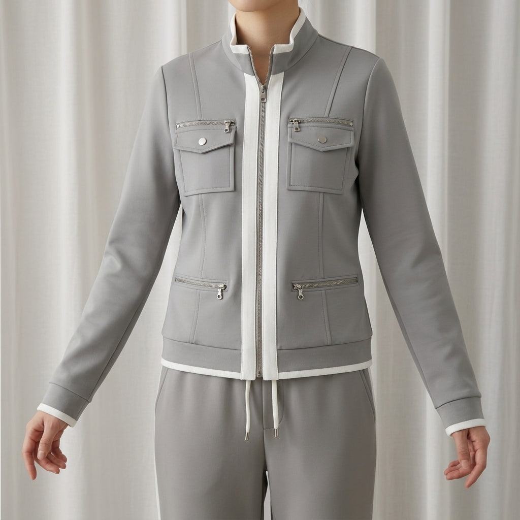Women’s Cotton Blend Zip Jacket and Pant Set with Contrast Trim – Elara