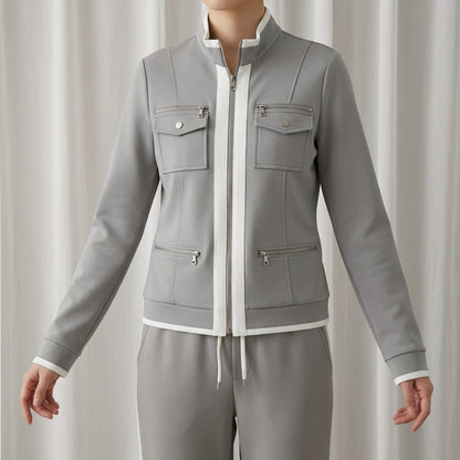 Women’s Cotton Blend Zip Jacket and Pant Set with Contrast Trim – Elara