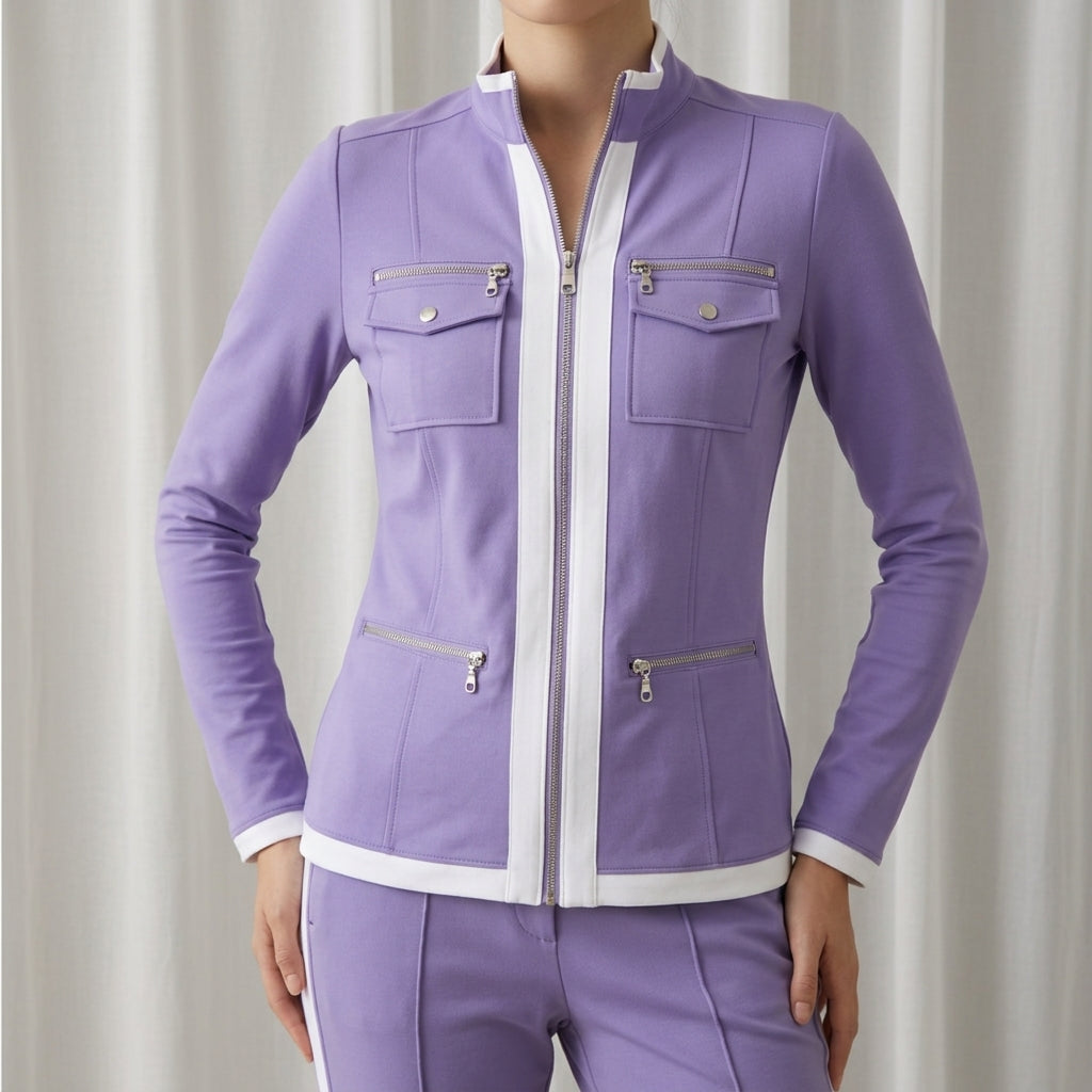 Women’s Cotton Blend Zip Jacket and Pant Set with Contrast Trim – Elara