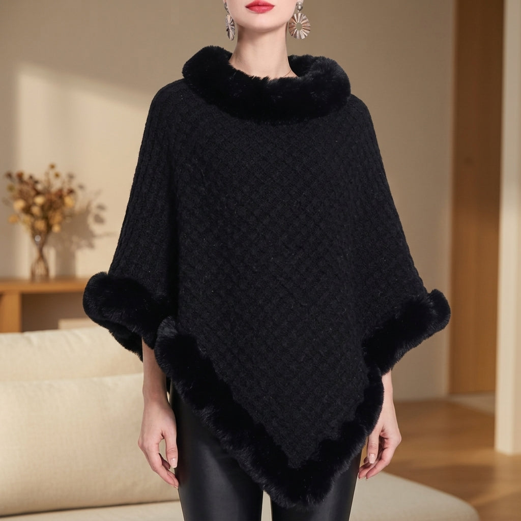 Women's Knit Poncho Oversized Cotton Blend Faux Fur Trim – Marlowe