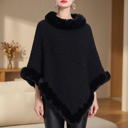 Women's Knit Poncho Oversized Cotton Blend Faux Fur Trim – Marlowe