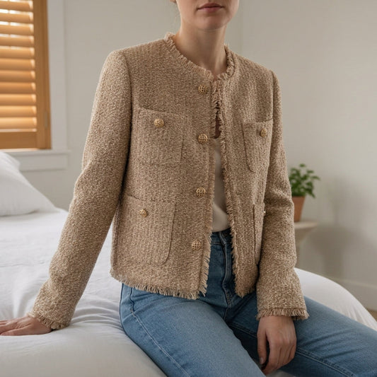 Women's Cropped Tweed Jacket Cotton Blend Tailored Fit – Marielle
