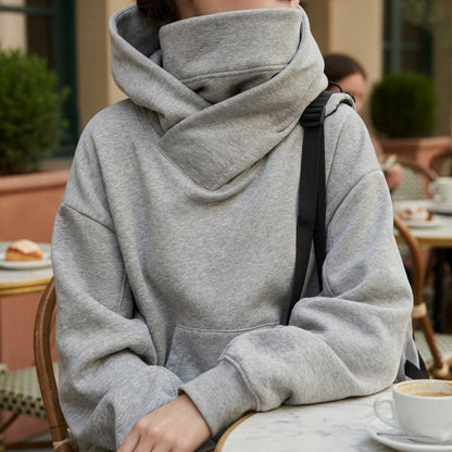 Oversized Cotton Blend Hoodie High Neck Front Pocket – Elara