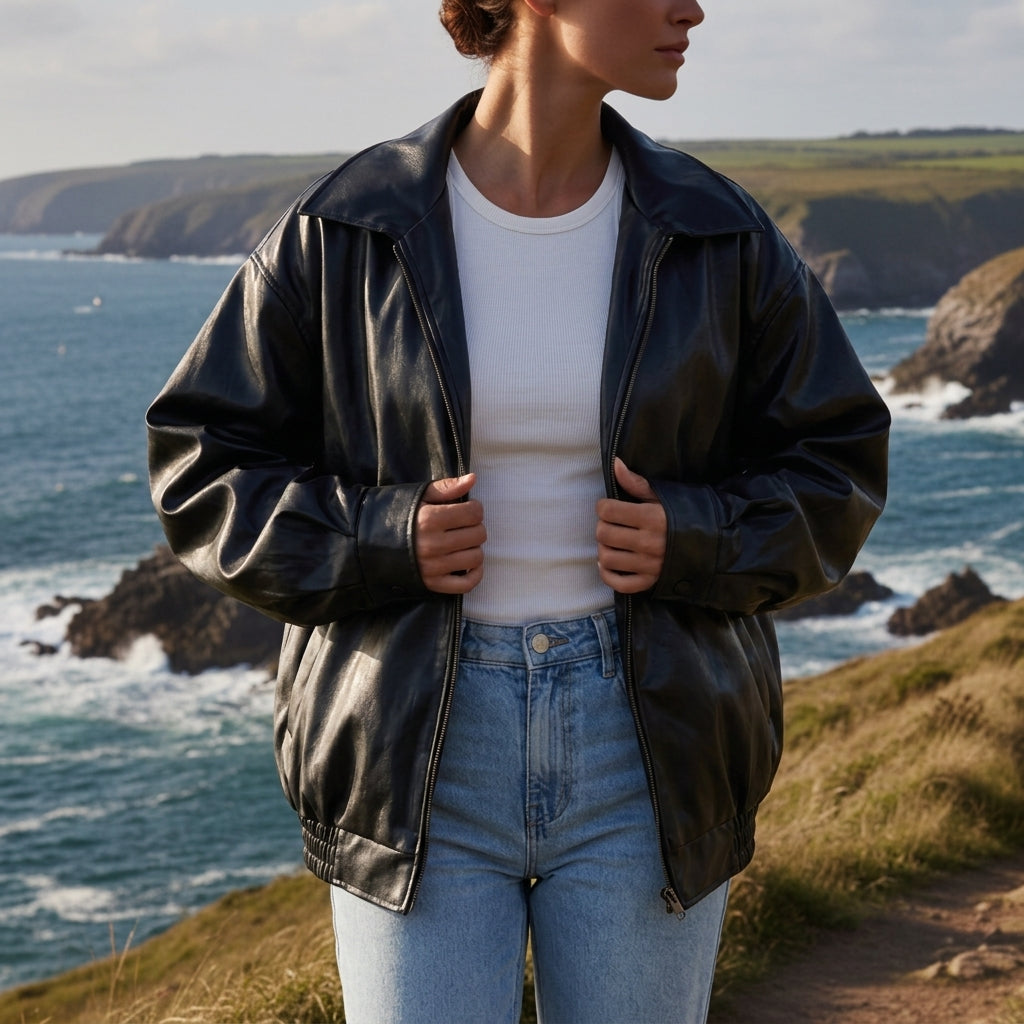 Oversized Bomber Jacket Cotton Blend Relaxed Fit – Elara