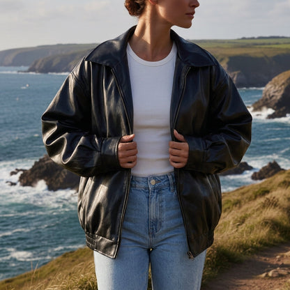 Oversized Bomber Jacket Cotton Blend Relaxed Fit – Elara