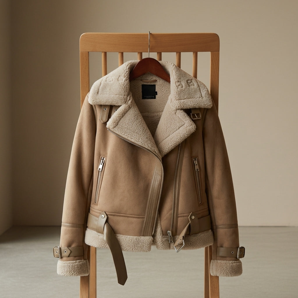 Women’s Plush-Lined Cotton Blend Jacket with Belt Hem – Elara