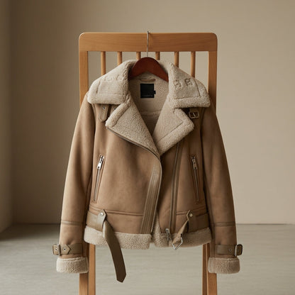 Women’s Plush-Lined Cotton Blend Jacket with Belt Hem – Elara
