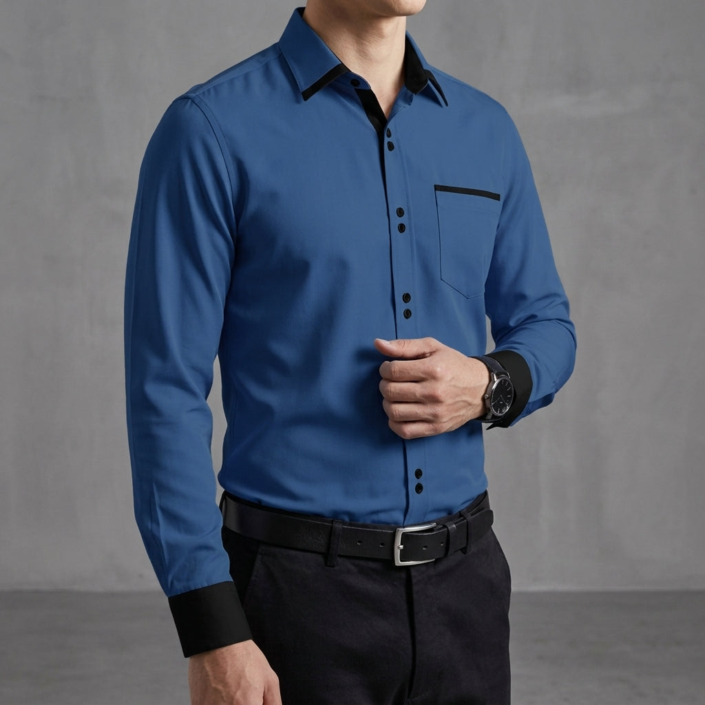 Men’s Colour Block Long Sleeve Shirt Slim Fit Cotton Blend – Marlow