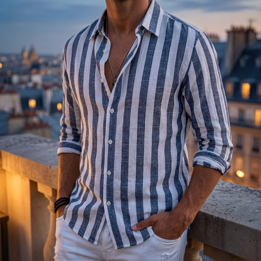 Long-Sleeved Blue Stripe Cotton Blend Shirt – Marlowe