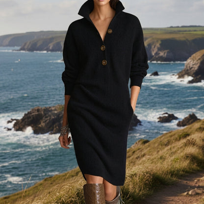 Women's Knitted Dress Cotton Blend Loose Fit Button Lapel – Elara