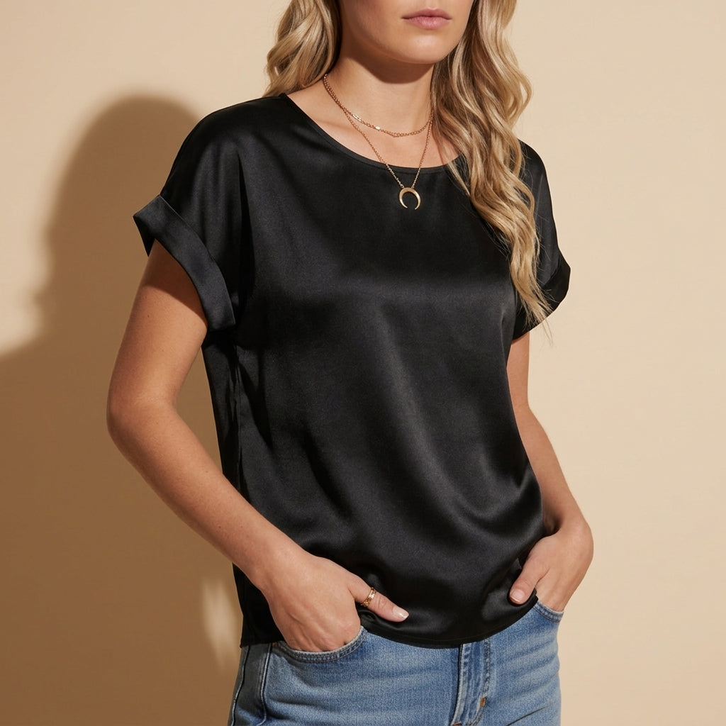 Satin T-Shirt for Women Loose Fit Cotton Blend Round Neck – Celeste
