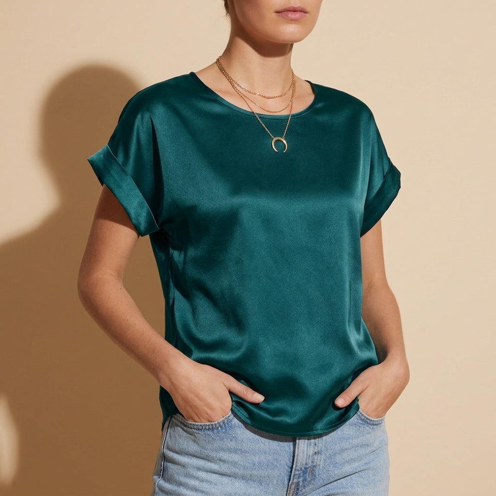Satin T-Shirt for Women Loose Fit Cotton Blend Round Neck – Celeste