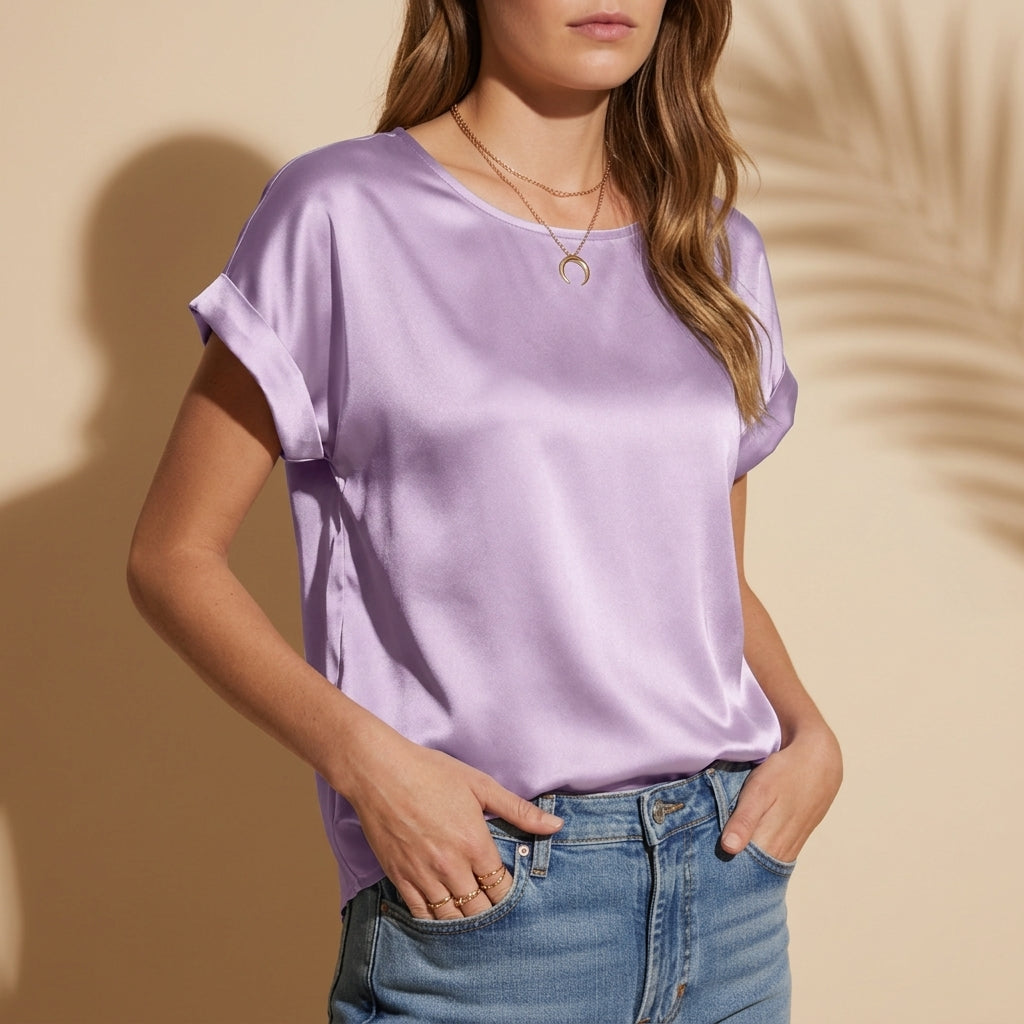 Satin T-Shirt for Women Loose Fit Cotton Blend Round Neck – Celeste