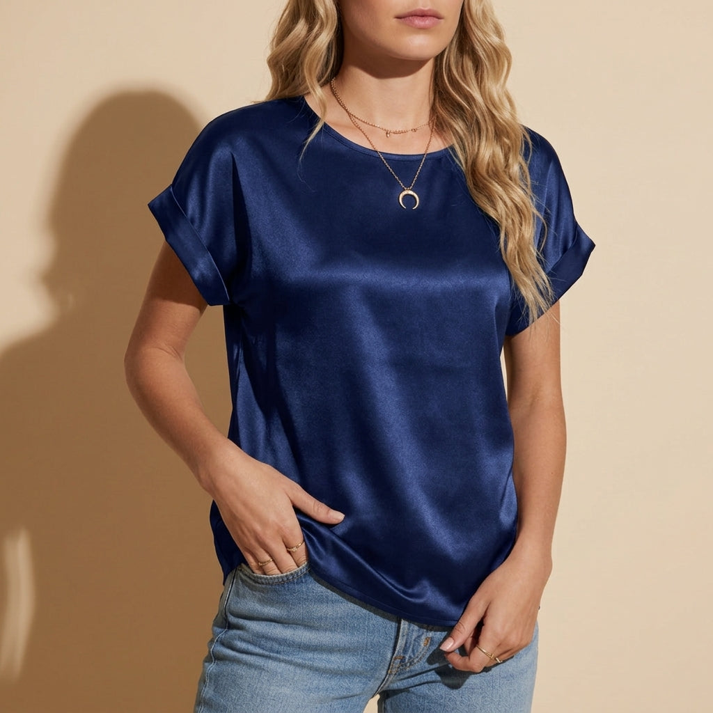 Satin T-Shirt for Women Loose Fit Cotton Blend Round Neck – Celeste