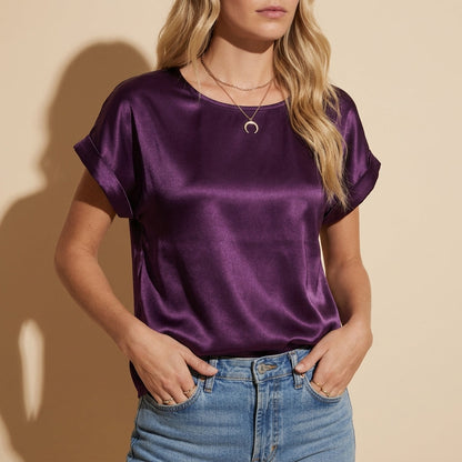 Satin T-Shirt for Women Loose Fit Cotton Blend Round Neck – Celeste