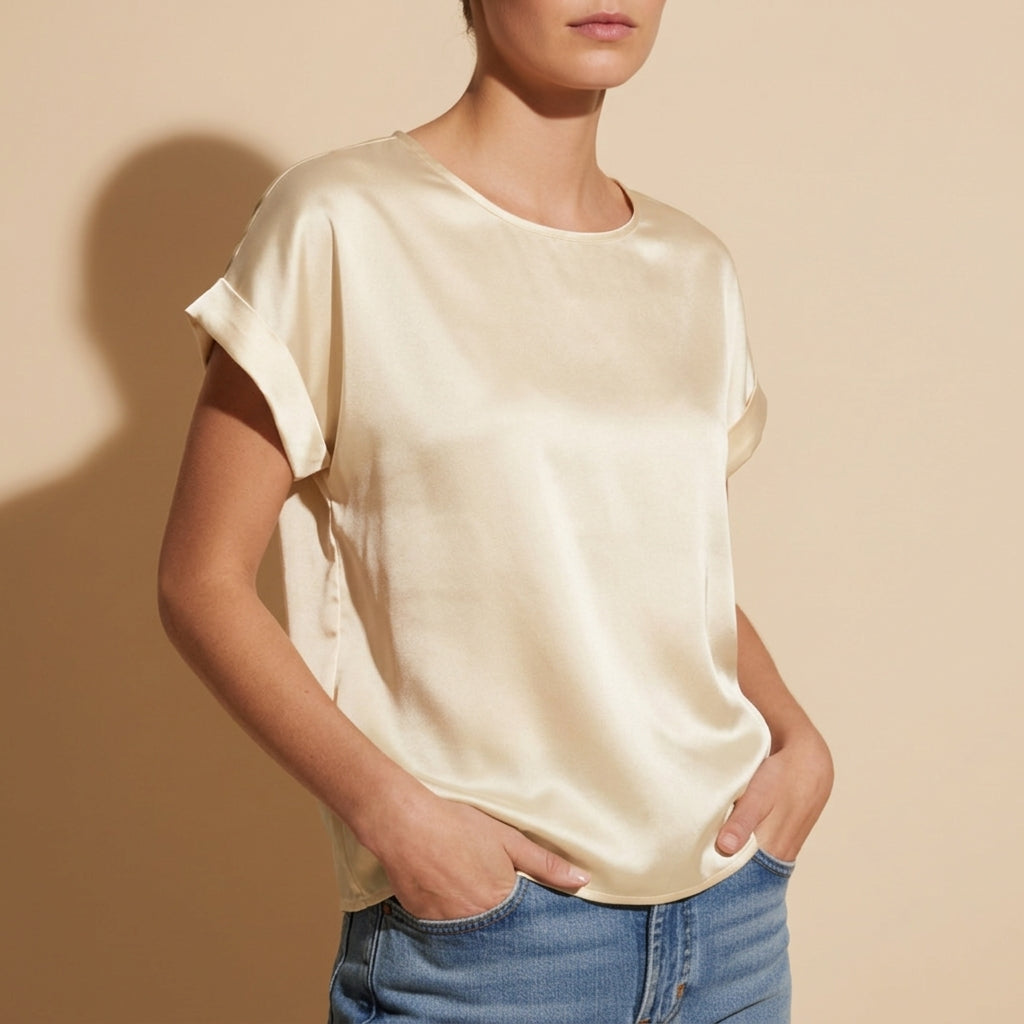 Satin T-Shirt for Women Loose Fit Cotton Blend Round Neck – Celeste