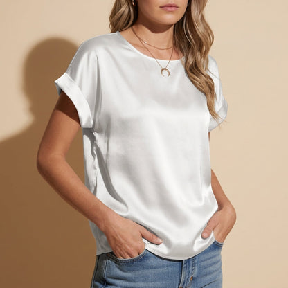 Satin T-Shirt for Women Loose Fit Cotton Blend Round Neck – Celeste