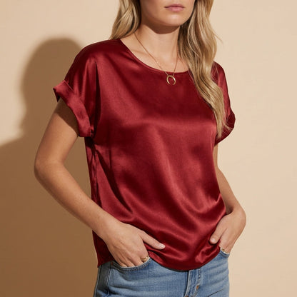 Satin T-Shirt for Women Loose Fit Cotton Blend Round Neck – Celeste