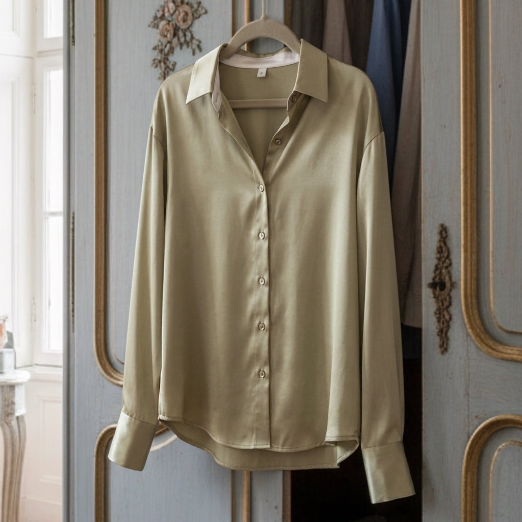 Women's Satin Button-Up Blouse Long Sleeve Vintage White – Celeste
