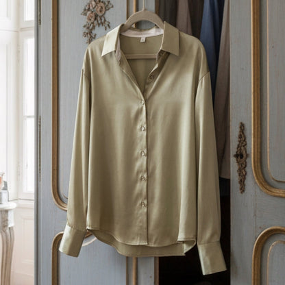 Women's Satin Button-Up Blouse Long Sleeve Vintage White – Celeste