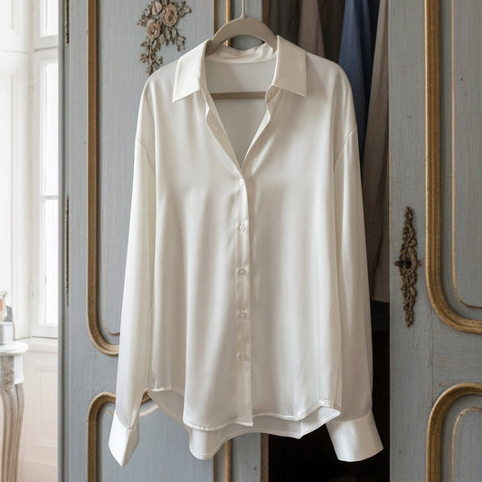 Women's Satin Button-Up Blouse Long Sleeve Vintage White – Celeste