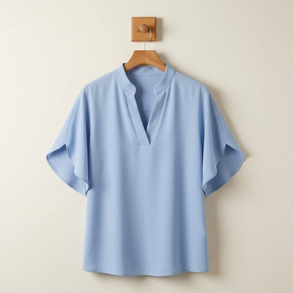 Women's Cotton Blend V-Neck Blouse Loose Fit Short Sleeve – Marielle