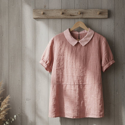 Lapel Pullover Shirt for Women Cotton Linen Blend Short Sleeve – Maren