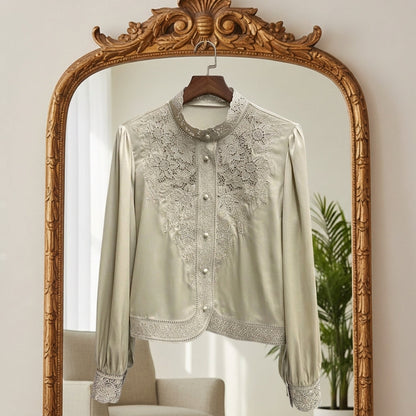 Women's Silk Blend Long Sleeve Blouse With Embroidery – Elara