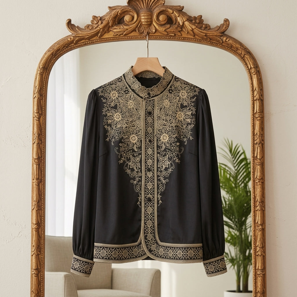 Women's Silk Blend Long Sleeve Blouse With Embroidery – Elara