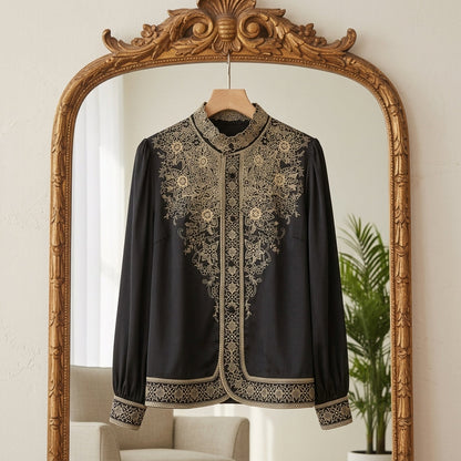 Women's Silk Blend Long Sleeve Blouse With Embroidery – Elara