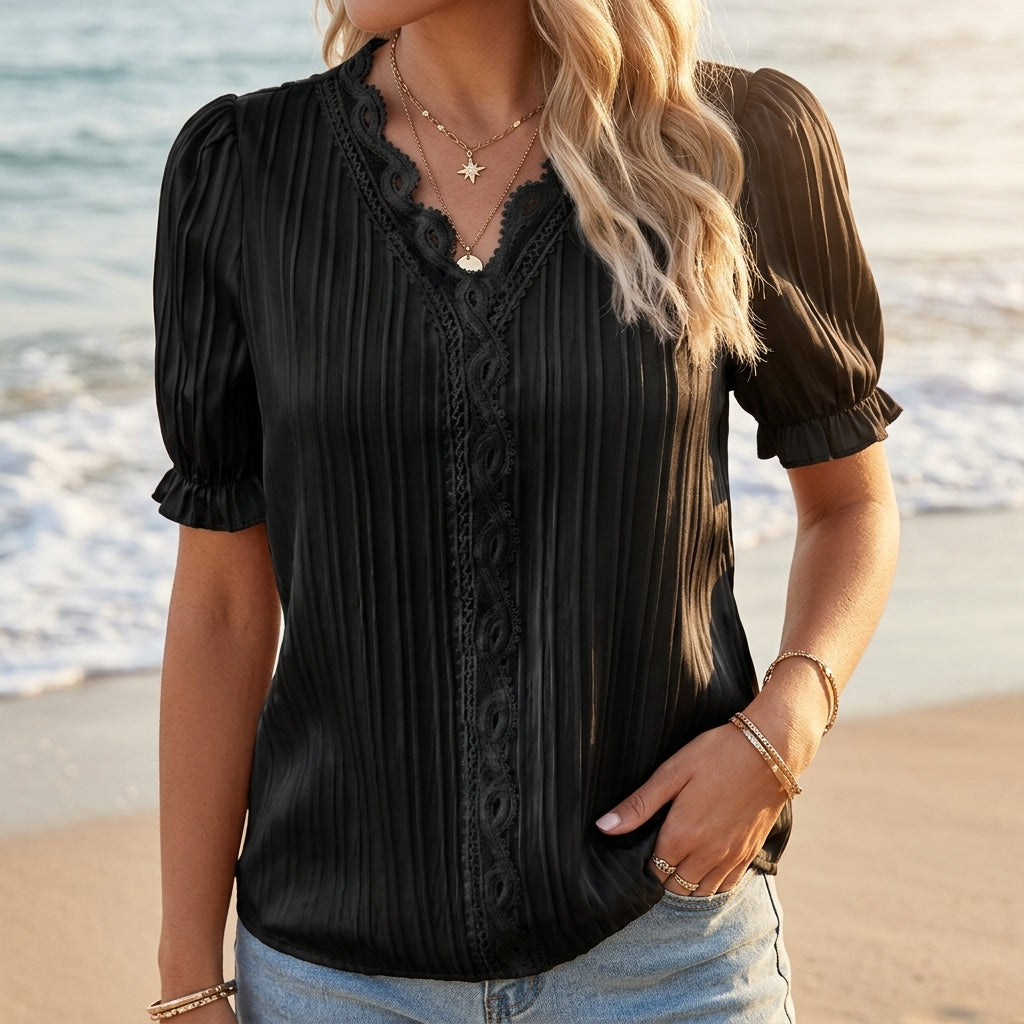 Women's V-Neck Cotton Blend Blouse Loose Fit Short Sleeve – Celeste