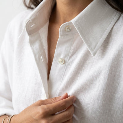 Women's White Cotton Blend Blouse Long Sleeve Classic Collar – Elara