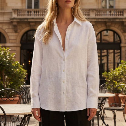 Women's White Cotton Blend Blouse Long Sleeve Classic Collar – Elara
