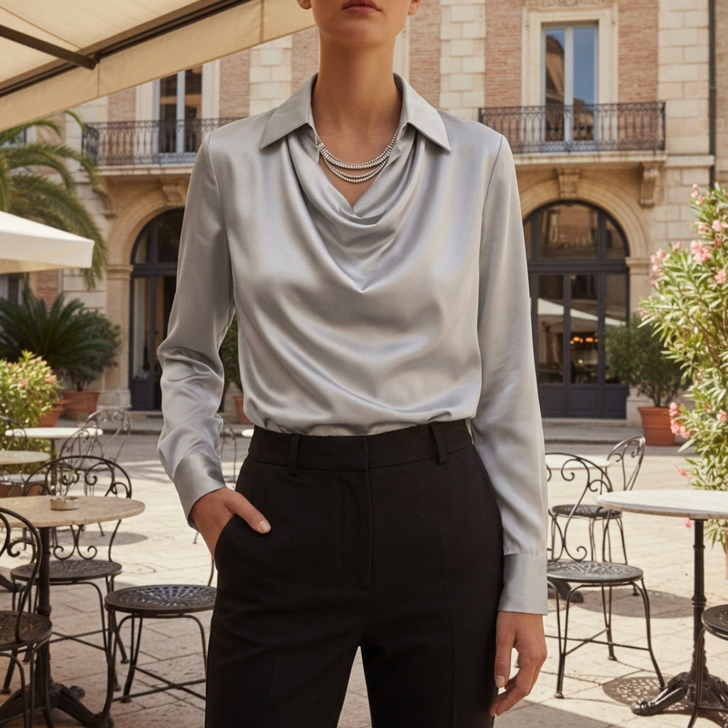 Women's Satin Blouse V Neck Loose Fit Long Sleeve – Marielle