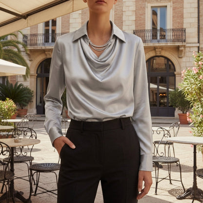 Women's Satin Blouse V Neck Loose Fit Long Sleeve – Marielle