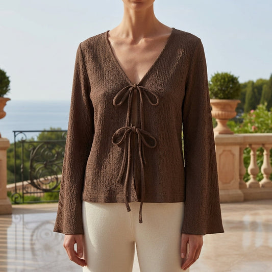 Women's Cotton Blend Tie Front Blouse V-Neck Flare Sleeves – Marielle