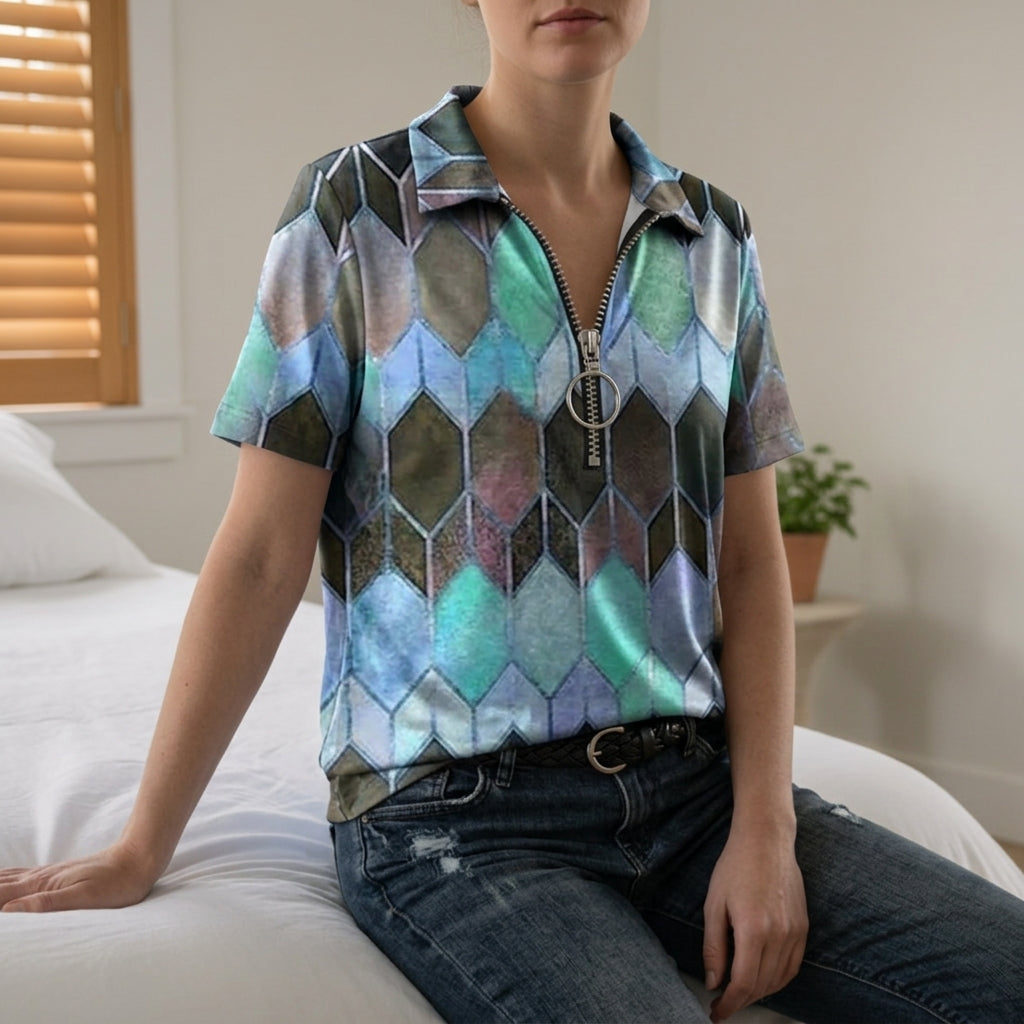 Women's Geometric Cotton Blend Polo Shirt With Zip Detail – Elara