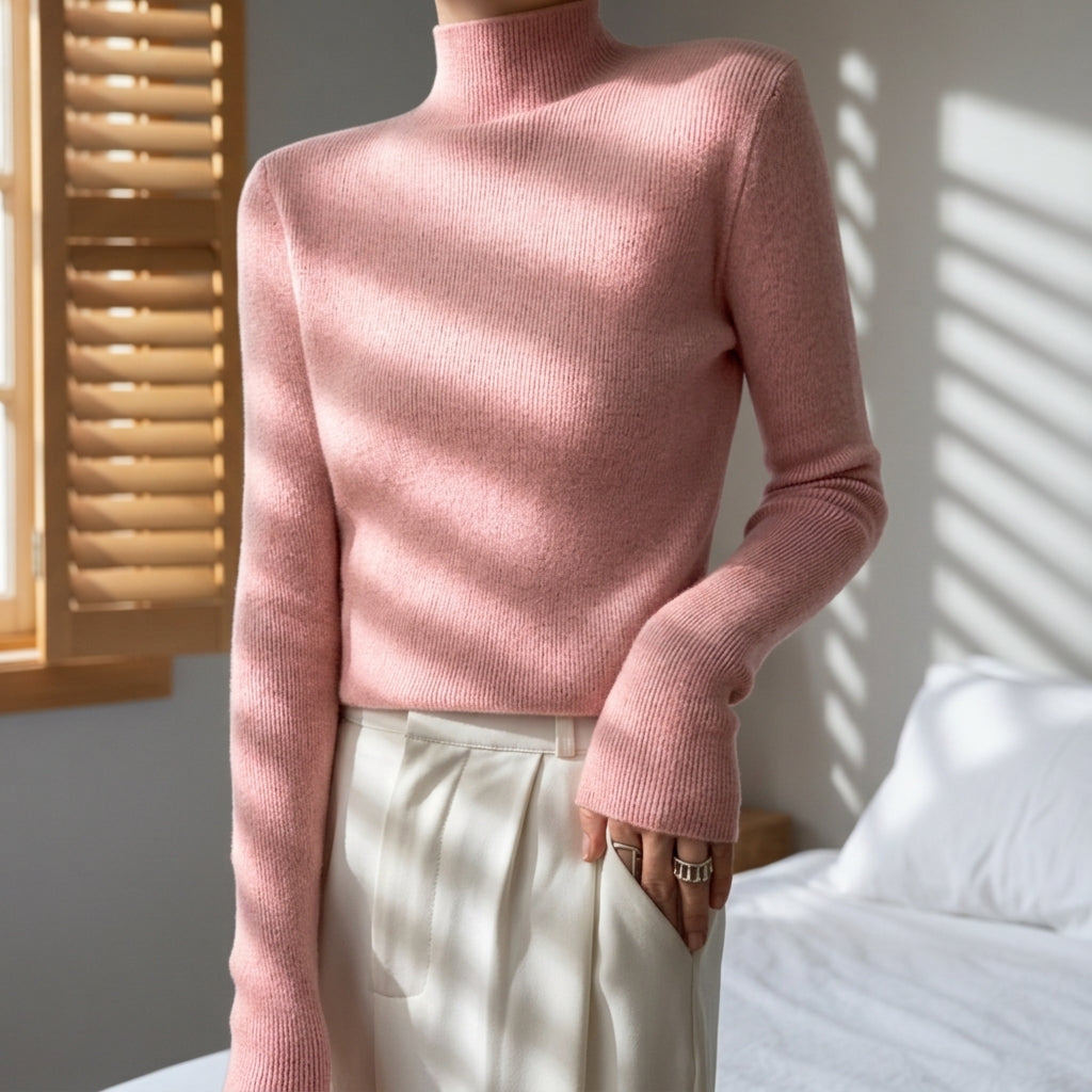 Women’s Knitted High Collar Sweater Slim Fit Cotton Blend – Amara