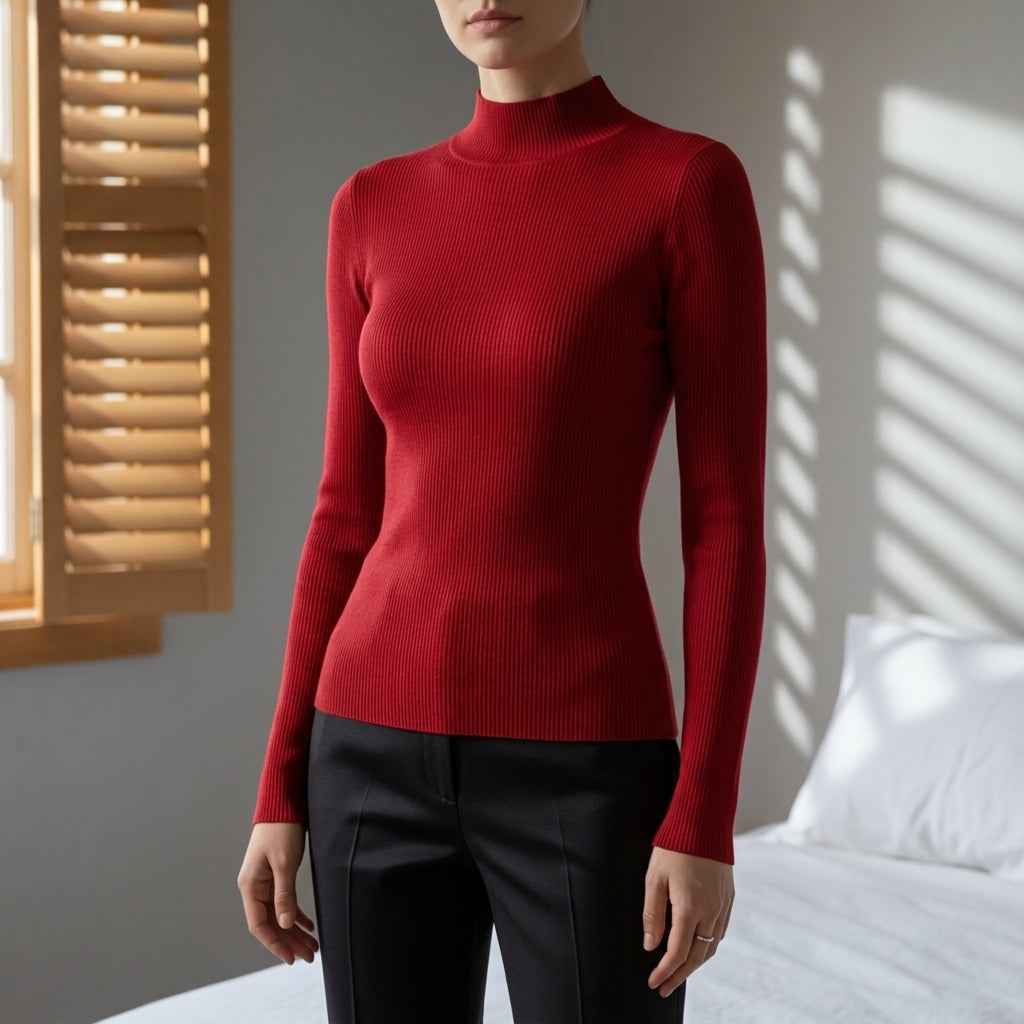 Women’s Knitted High Collar Sweater Slim Fit Cotton Blend – Amara
