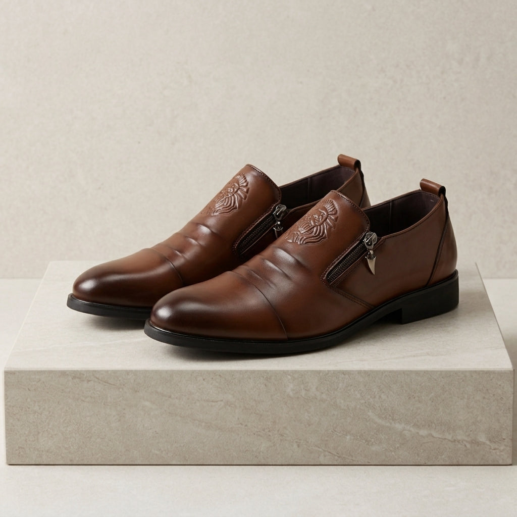 Men's Faux Leather Dress Shoes Retro Lion Head Zip – Rowan