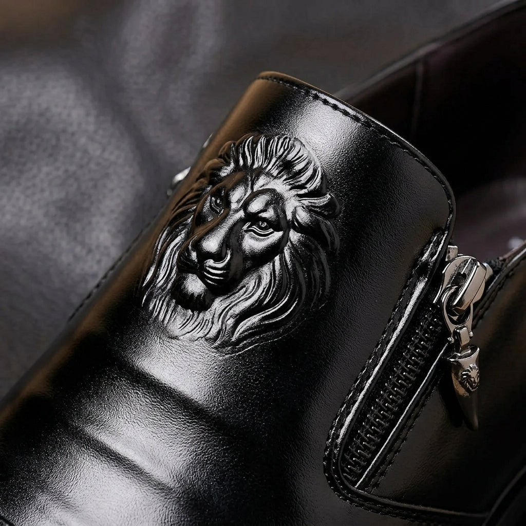 Men's Faux Leather Dress Shoes Retro Lion Head Zip – Rowan