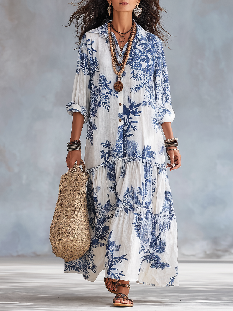 Robe maxi bohème chic bleue à fleurs avec détails boutonnés